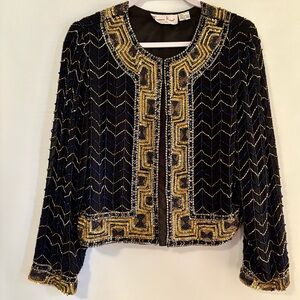 Vintage Laurence Kazar Black and Gold Beaded Jacket Petite Medium